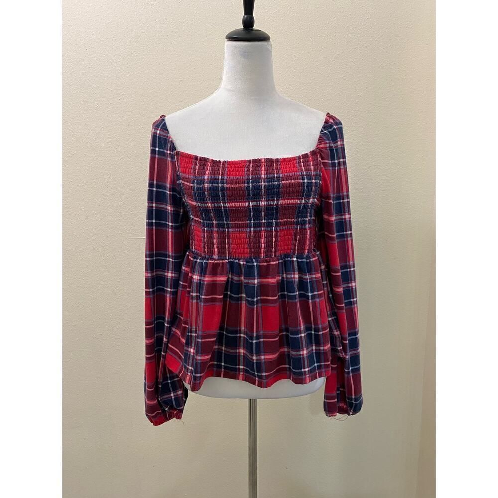 Alison Andrews Plaid Smocked Square Neck Top | Y2K Academia Red | Size L